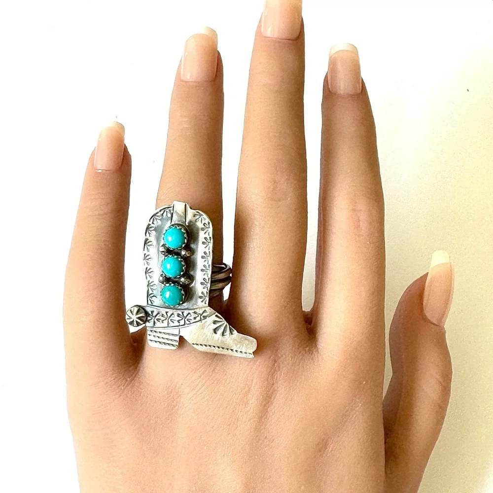 Navajo Cowboy Boot Ring Turquoise Sz 7 Sterling‎ Signed T Yazzie Native American